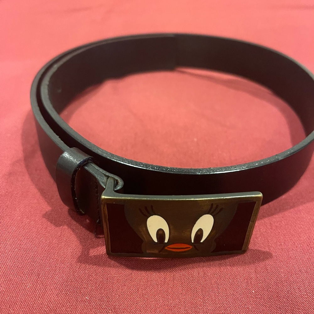Vintage Iceberg Black Belt with Tweety Bird Face Buckle